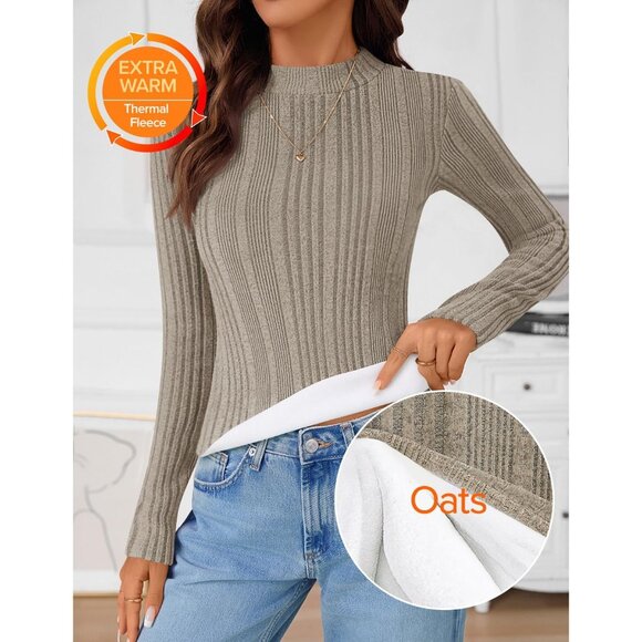 Women's Fleece Sherpa Lined Mock Neck Knit Thermal Long Sleeve Top - Picture 2 of 6